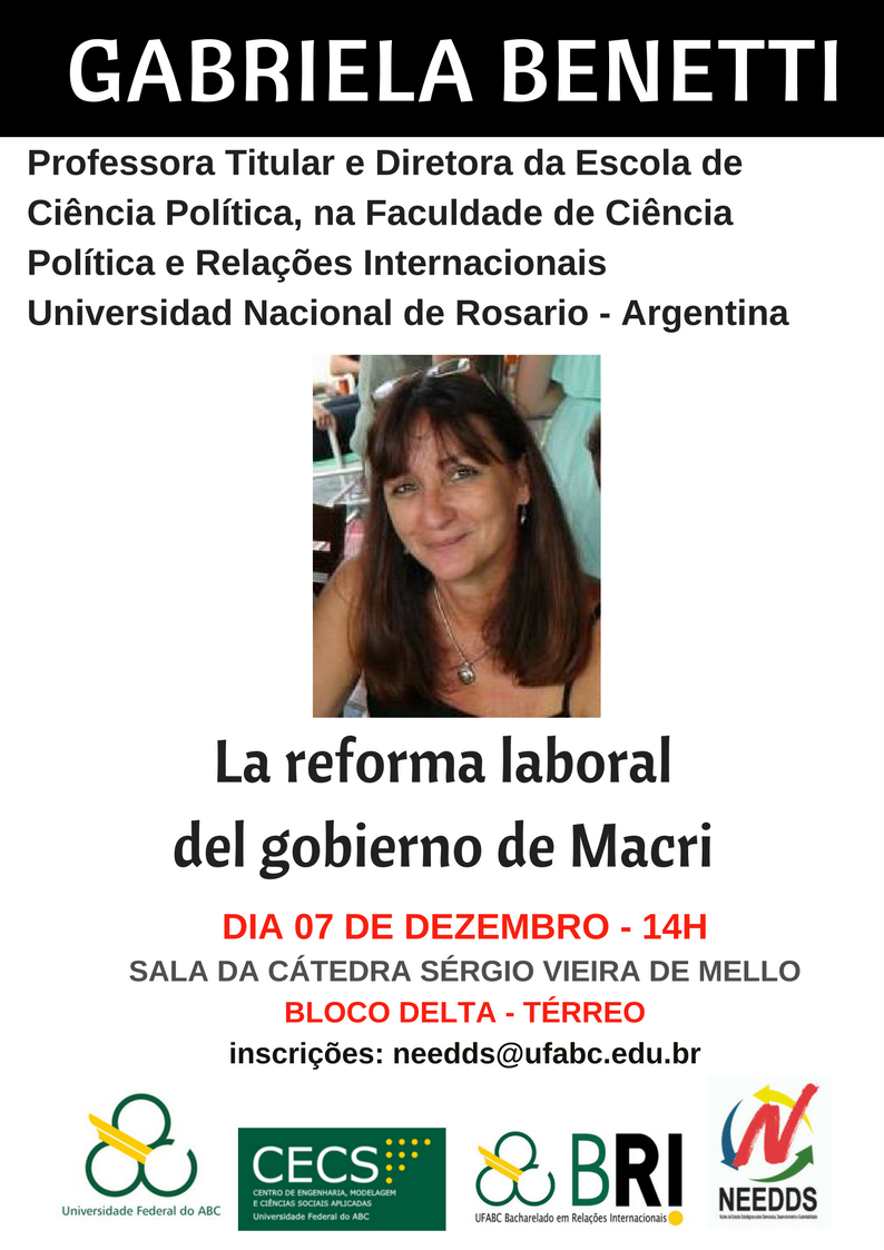 Cartaz palestra com Gabriella Benetti - La Reforma Laboral del Gobierno Macri